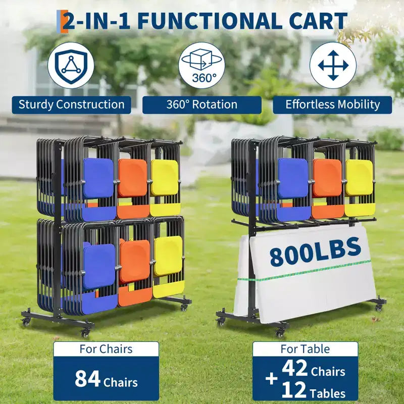 Chariot pour chaises pliantes et tables, capacité 180 kg/360 kg, chariot de rangement multifonctionnel pour chaises avec roues en caoutchouc, housse de protection, cordons élastiques