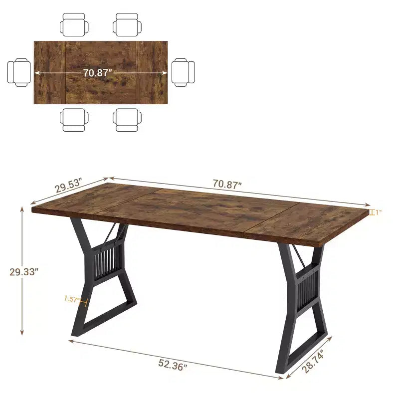 Table à manger de ferme de 180 cm, table de cuisine rectangulaire en bois avec pieds en métal robustes, pour 4 à 6 personnes, idéale pour la salle à manger ou le salon