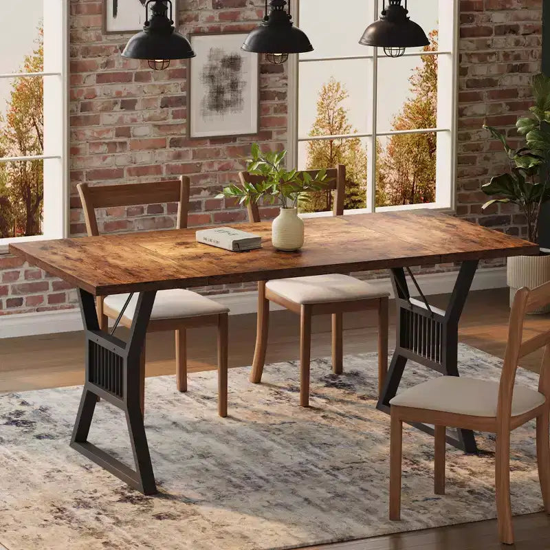 Table à manger de ferme de 180 cm, table de cuisine rectangulaire en bois avec pieds en métal robustes, pour 4 à 6 personnes, idéale pour la salle à manger ou le salon