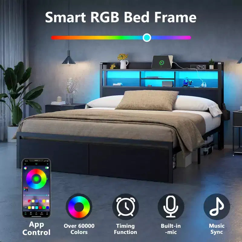 Queen Size Platform Bed Frame With 2 Storage Drawers Wood Headboard Shelf LED Lights Charging Station Black Metal Support No Box Spring Needed Home