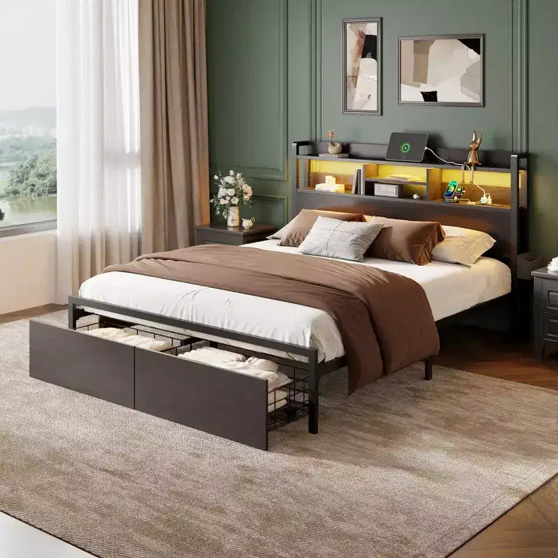 Cadre de lit plateforme Queen Size avec 2 tiroirs de rangement Tête de lit en bois Étagère Lumières LED Station de recharge Support en métal noir Aucun sommier tapissier requis Maison