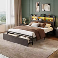 Cadre de lit plateforme Queen Size avec 2 tiroirs de rangement Tête de lit en bois Étagère Lumières LED Station de recharge Support en métal noir Aucun sommier tapissier requis Maison