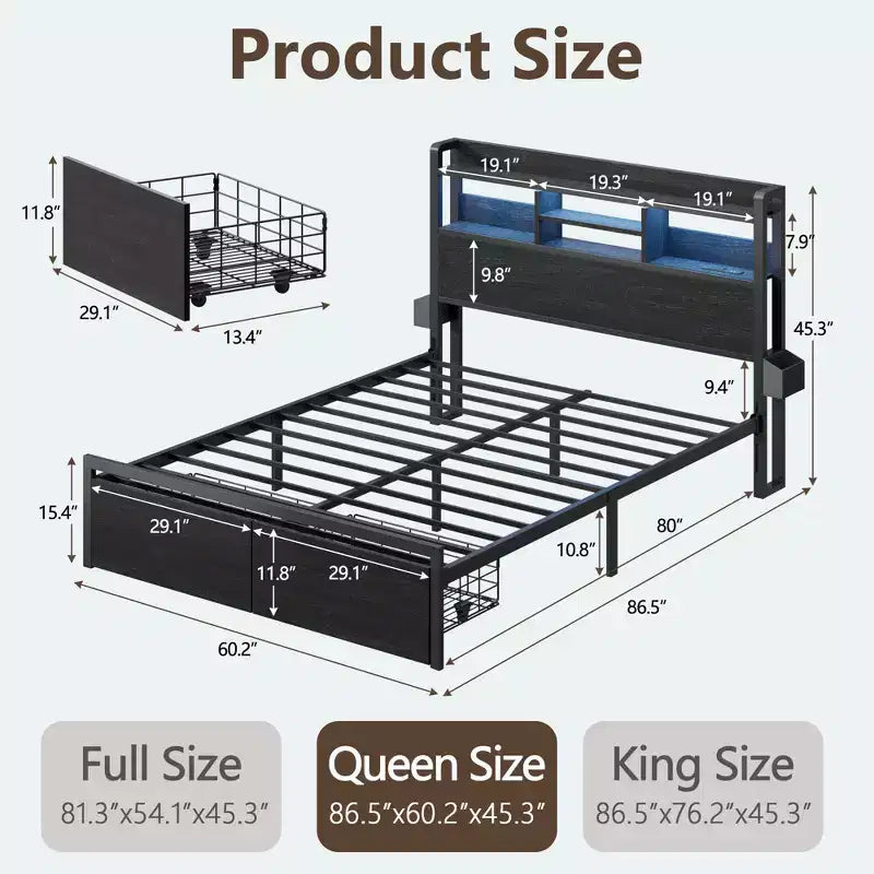 Cadre de lit plateforme Queen Size avec 2 tiroirs de rangement Tête de lit en bois Étagère Lumières LED Station de recharge Support en métal noir Aucun sommier tapissier requis Maison