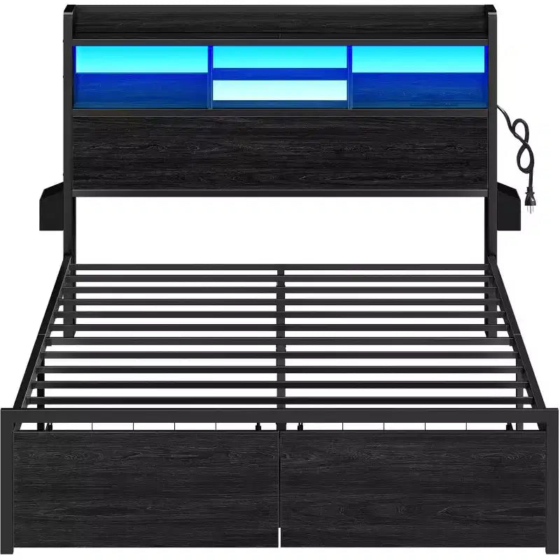 Cadre de lit plateforme Queen Size avec 2 tiroirs de rangement Tête de lit en bois Étagère Lumières LED Station de recharge Support en métal noir Aucun sommier tapissier requis Maison