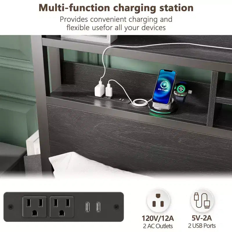 Cadre de lit plateforme Queen Size avec 2 tiroirs de rangement Tête de lit en bois Étagère Lumières LED Station de recharge Support en métal noir Aucun sommier tapissier requis Maison