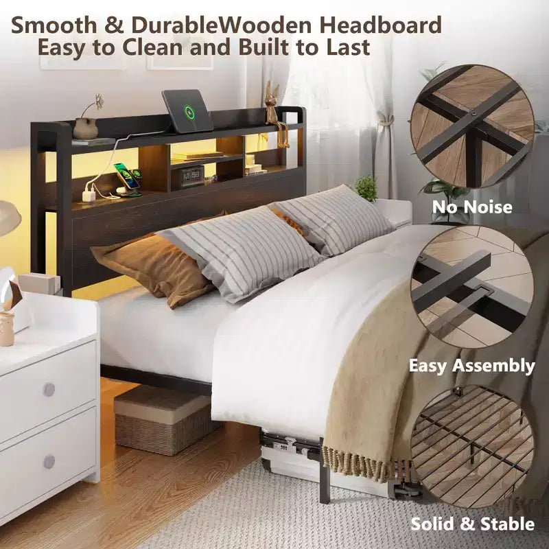 Cadre de lit plateforme Queen Size avec 2 tiroirs de rangement Tête de lit en bois Étagère Lumières LED Station de recharge Support en métal noir Aucun sommier tapissier requis Maison