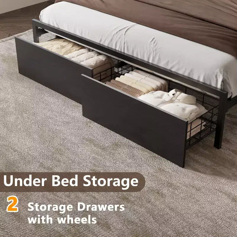 Cadre de lit plateforme Queen Size avec 2 tiroirs de rangement Tête de lit en bois Étagère Lumières LED Station de recharge Support en métal noir Aucun sommier tapissier requis Maison