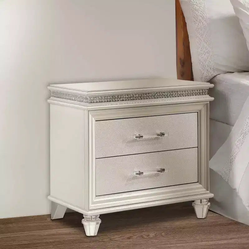 Royal Hampton 2 Drawer Nightstand with Acrylic Feet and Crystal Accents, Silver