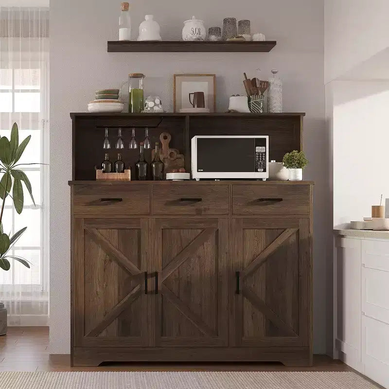 Buffet de cuisine de 120 cm avec rangement, grand buffet de cuisine en bois avec 3 portes, 3 tiroirs et un plan de travail, table de buffet pour salle à manger