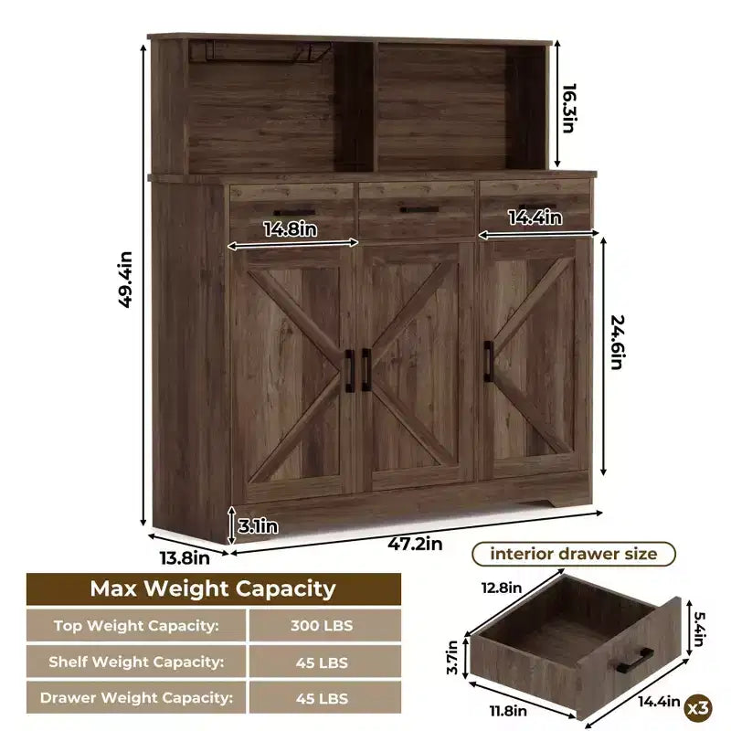 Buffet de cuisine de 120 cm avec rangement, grand buffet de cuisine en bois avec 3 portes, 3 tiroirs et un plan de travail, table de buffet pour salle à manger