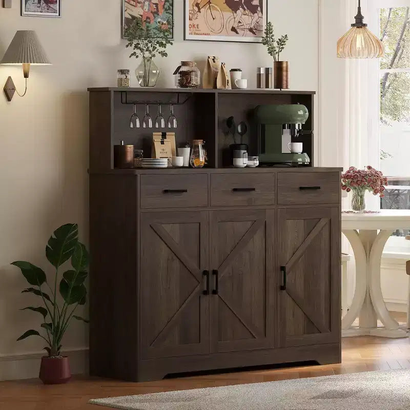 Buffet de cuisine de 120 cm avec rangement, grand buffet de cuisine en bois avec 3 portes, 3 tiroirs et un plan de travail, table de buffet pour salle à manger