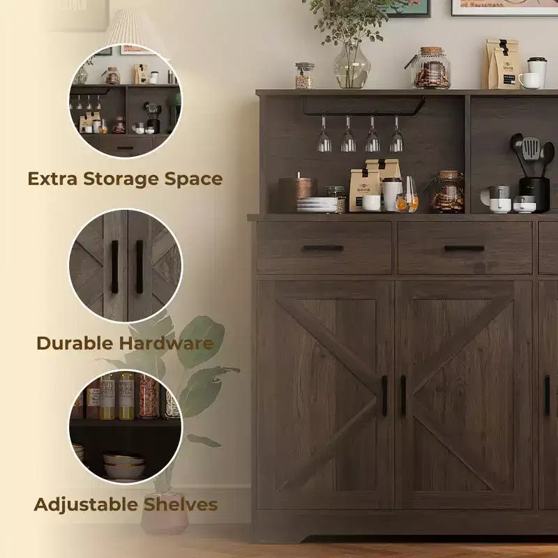 Buffet de cuisine de 120 cm avec rangement, grand buffet de cuisine en bois avec 3 portes, 3 tiroirs et un plan de travail, table de buffet pour salle à manger