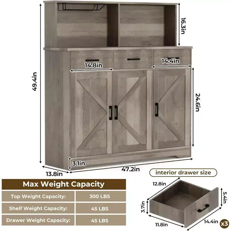 Buffet de cuisine de 120 cm avec rangement, grand buffet de cuisine en bois avec 3 portes, 3 tiroirs et un plan de travail, table de buffet pour salle à manger