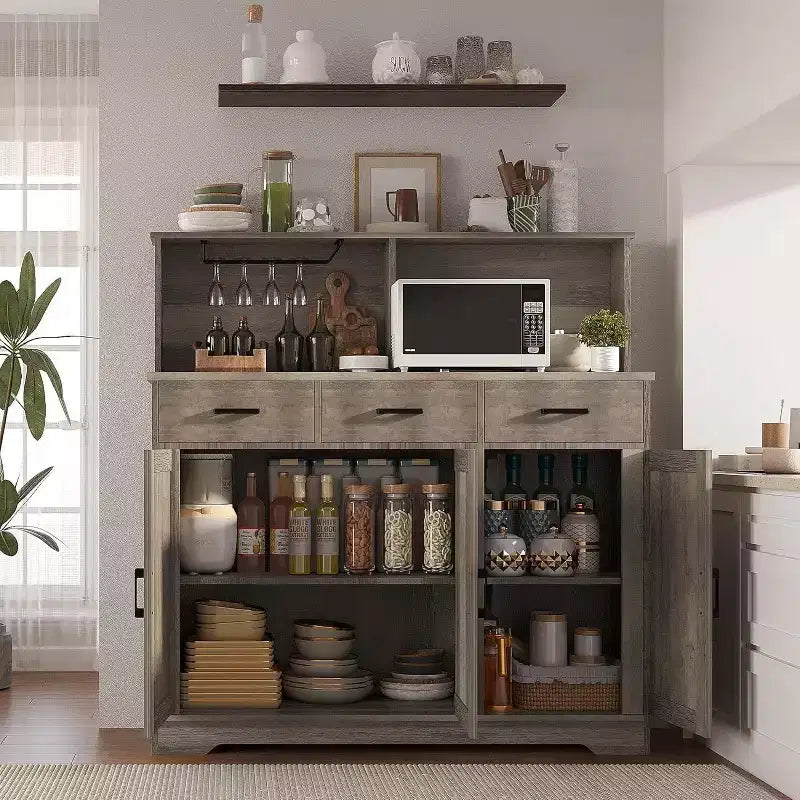 Buffet de cuisine de 120 cm avec rangement, grand buffet de cuisine en bois avec 3 portes, 3 tiroirs et un plan de travail, table de buffet pour salle à manger