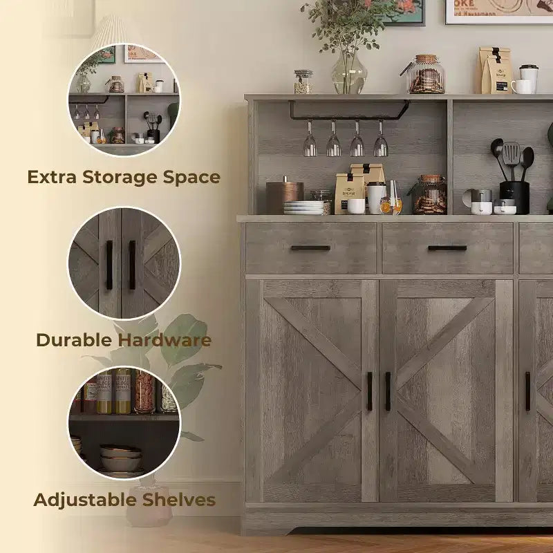 Buffet de cuisine de 120 cm avec rangement, grand buffet de cuisine en bois avec 3 portes, 3 tiroirs et un plan de travail, table de buffet pour salle à manger