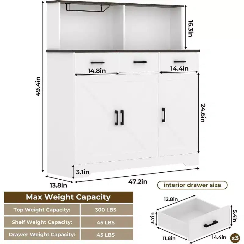Buffet de cuisine de 120 cm avec rangement, grand buffet de cuisine en bois avec 3 portes, 3 tiroirs et un plan de travail, table de buffet pour salle à manger
