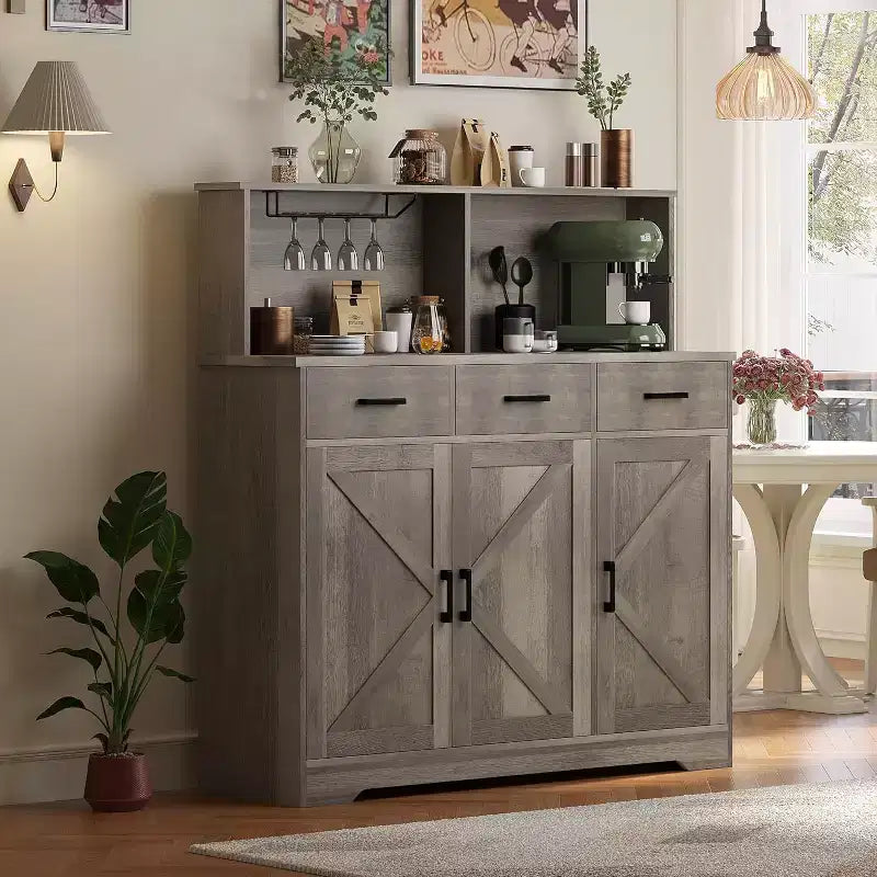 Buffet de cuisine de 120 cm avec rangement, grand buffet de cuisine en bois avec 3 portes, 3 tiroirs et un plan de travail, table de buffet pour salle à manger