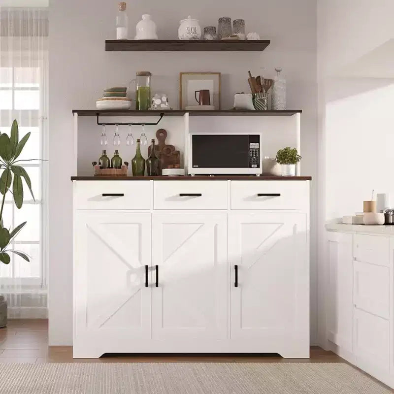 Buffet de cuisine de 120 cm avec rangement, grand buffet de cuisine en bois avec 3 portes, 3 tiroirs et un plan de travail, table de buffet pour salle à manger