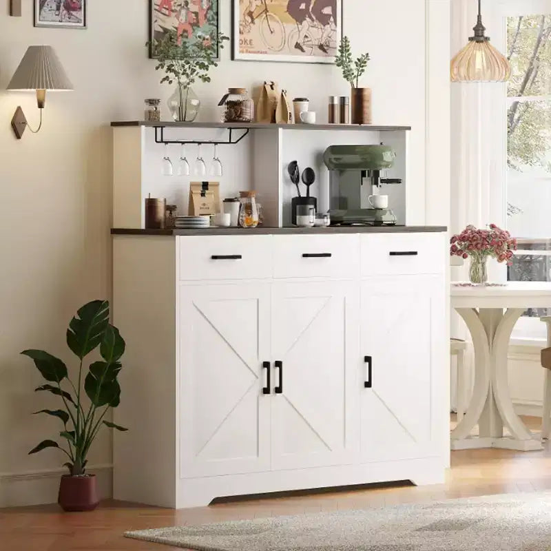 Buffet de cuisine de 120 cm avec rangement, grand buffet de cuisine en bois avec 3 portes, 3 tiroirs et un plan de travail, table de buffet pour salle à manger
