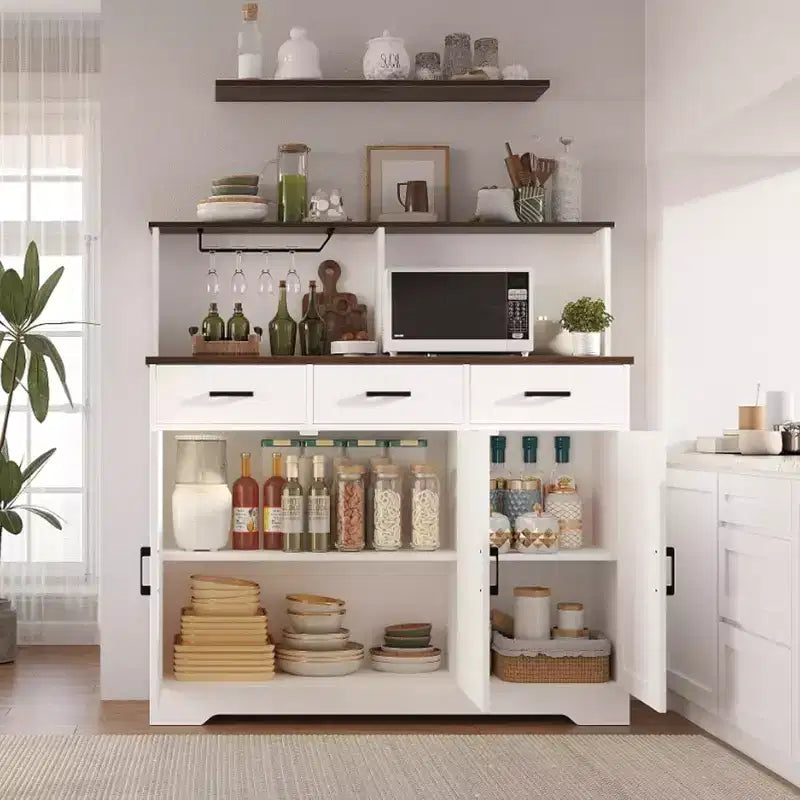 Buffet de cuisine de 120 cm avec rangement, grand buffet de cuisine en bois avec 3 portes, 3 tiroirs et un plan de travail, table de buffet pour salle à manger