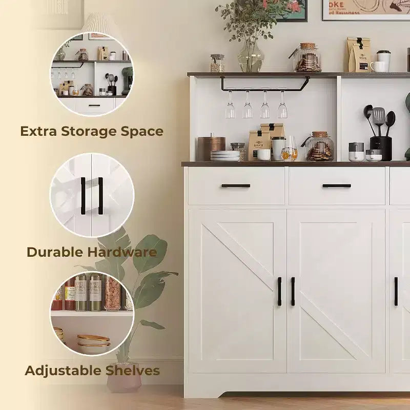 Buffet de cuisine de 120 cm avec rangement, grand buffet de cuisine en bois avec 3 portes, 3 tiroirs et un plan de travail, table de buffet pour salle à manger