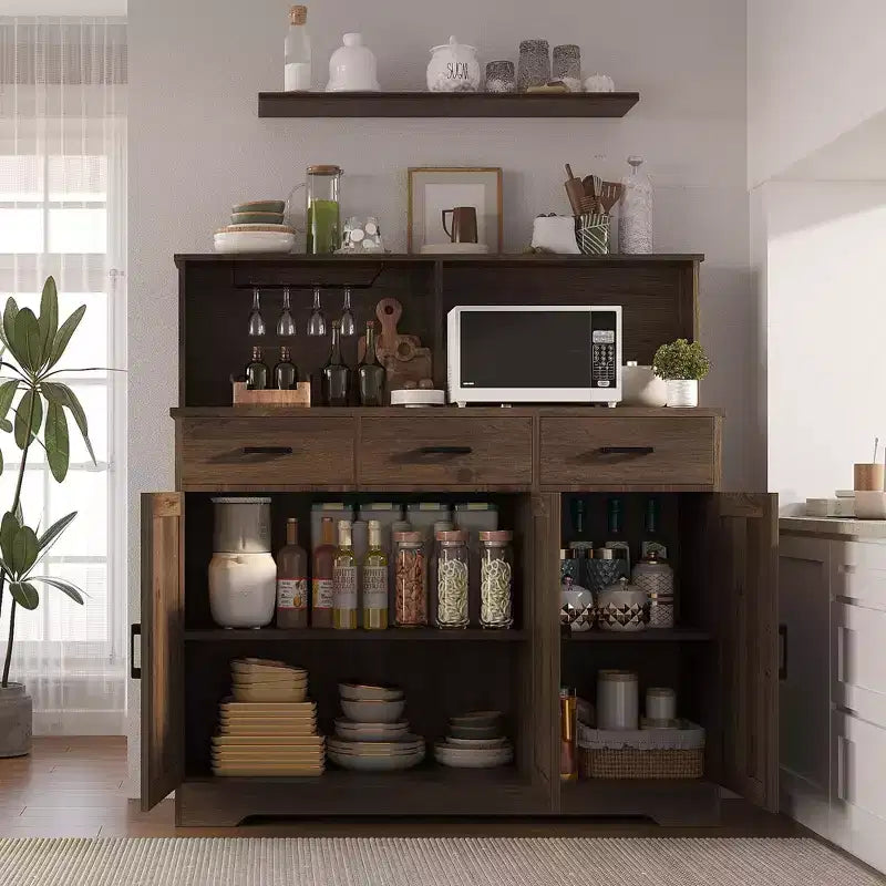 Buffet de cuisine de 120 cm avec rangement, grand buffet de cuisine en bois avec 3 portes, 3 tiroirs et un plan de travail, table de buffet pour salle à manger