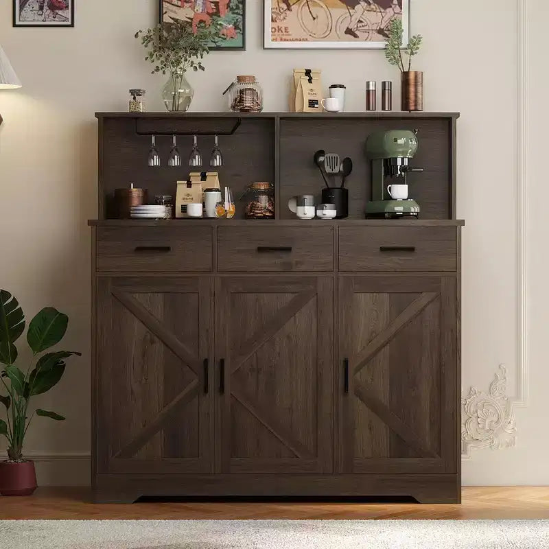 Buffet de cuisine de 120 cm avec rangement, grand buffet de cuisine en bois avec 3 portes, 3 tiroirs et un plan de travail, table de buffet pour salle à manger