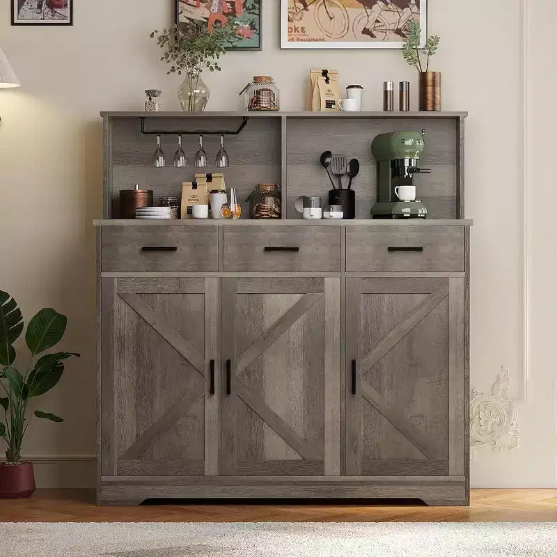 Buffet de cuisine de 120 cm avec rangement, grand buffet de cuisine en bois avec 3 portes, 3 tiroirs et un plan de travail, table de buffet pour salle à manger