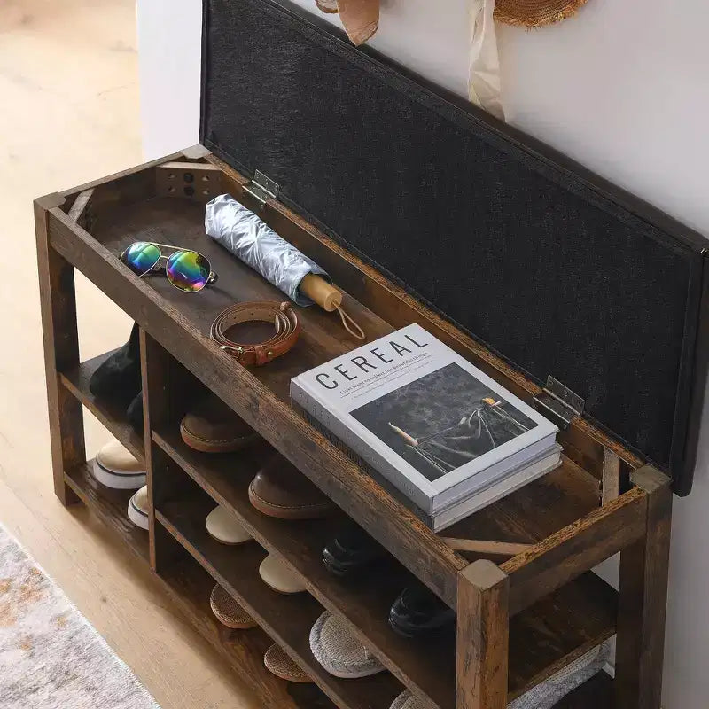 Banc à chaussures relevable avec étagères inférieures réglables et rangement dissimulé, petit espace, cadeau de vacances, marron vintage