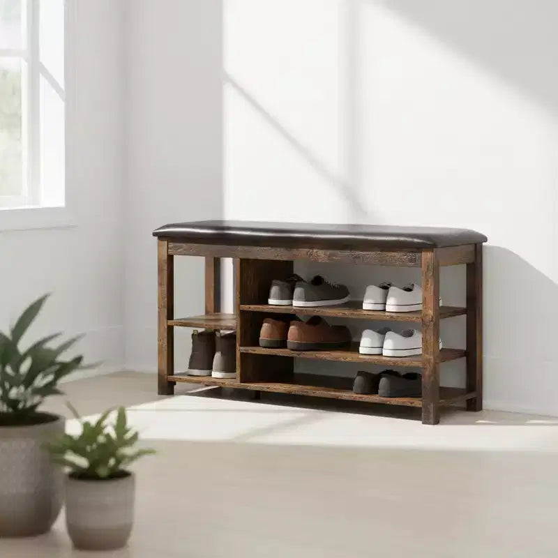 Banc à chaussures relevable avec étagères inférieures réglables et rangement dissimulé, petit espace, cadeau de vacances, marron vintage