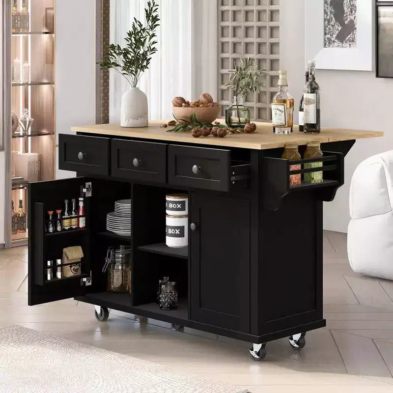 Pexfix Kitchen Island With Storage Cabinet & 3 Drawers Kitchen Cart With Rubber Wood Drop-Leaf Countertop Cabinet Storage Racks For Dinning Room Black