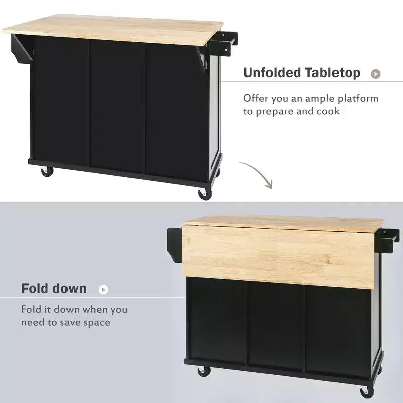 Îlot de cuisine avec armoire de rangement et 3 tiroirs Desserte de cuisine avec plan de travail rabattable en bois d'hévéa Étagères de rangement pour salle à manger Noir