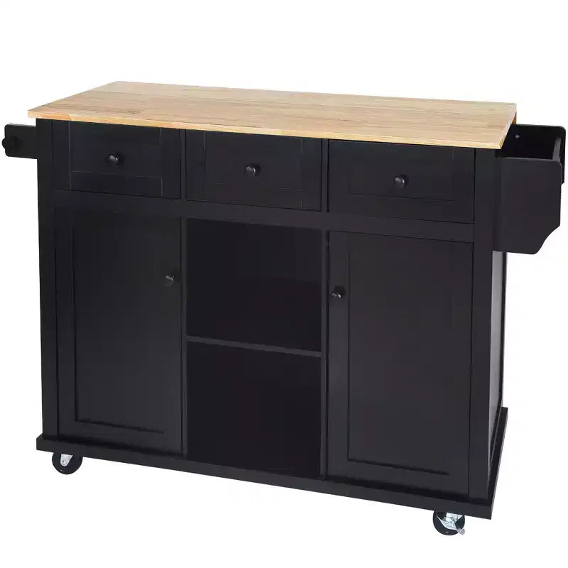 Îlot de cuisine avec armoire de rangement et 3 tiroirs Desserte de cuisine avec plan de travail rabattable en bois d'hévéa Étagères de rangement pour salle à manger Noir