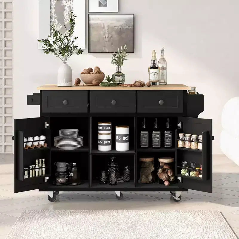 Îlot de cuisine avec armoire de rangement et 3 tiroirs Desserte de cuisine avec plan de travail rabattable en bois d'hévéa Étagères de rangement pour salle à manger Noir