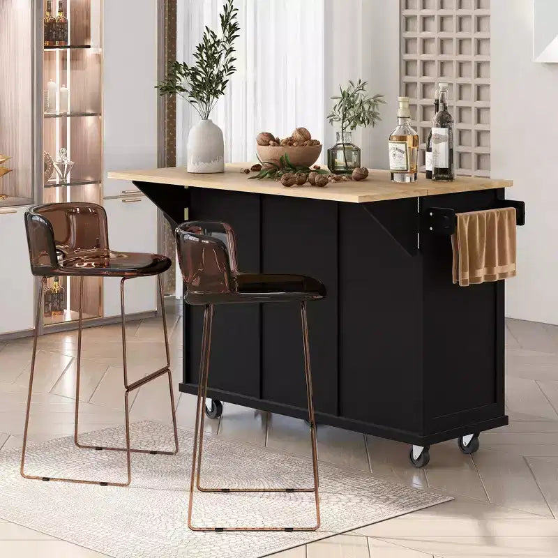 Îlot de cuisine avec armoire de rangement et 3 tiroirs Desserte de cuisine avec plan de travail rabattable en bois d'hévéa Étagères de rangement pour salle à manger Noir