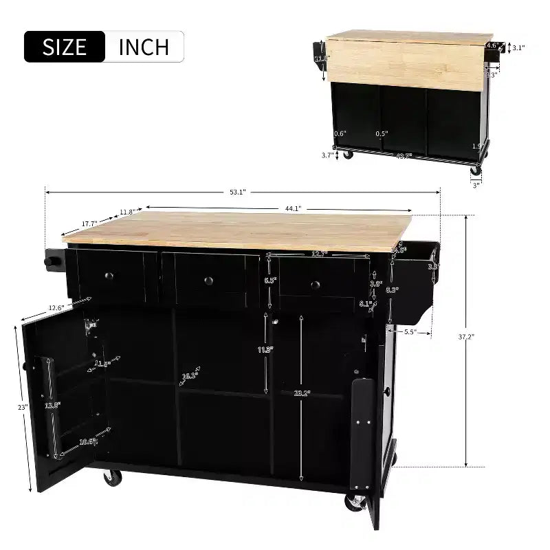 Îlot de cuisine avec armoire de rangement et 3 tiroirs Desserte de cuisine avec plan de travail rabattable en bois d'hévéa Étagères de rangement pour salle à manger Noir