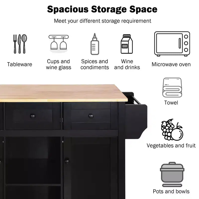 Îlot de cuisine avec armoire de rangement et 3 tiroirs Desserte de cuisine avec plan de travail rabattable en bois d'hévéa Étagères de rangement pour salle à manger Noir