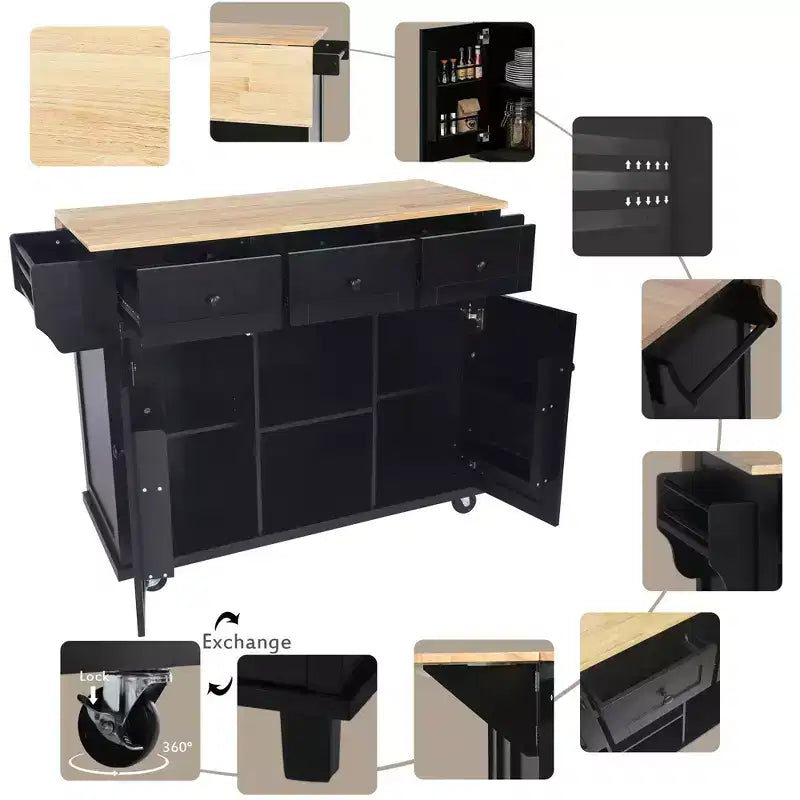 Îlot de cuisine avec armoire de rangement et 3 tiroirs Desserte de cuisine avec plan de travail rabattable en bois d'hévéa Étagères de rangement pour salle à manger Noir