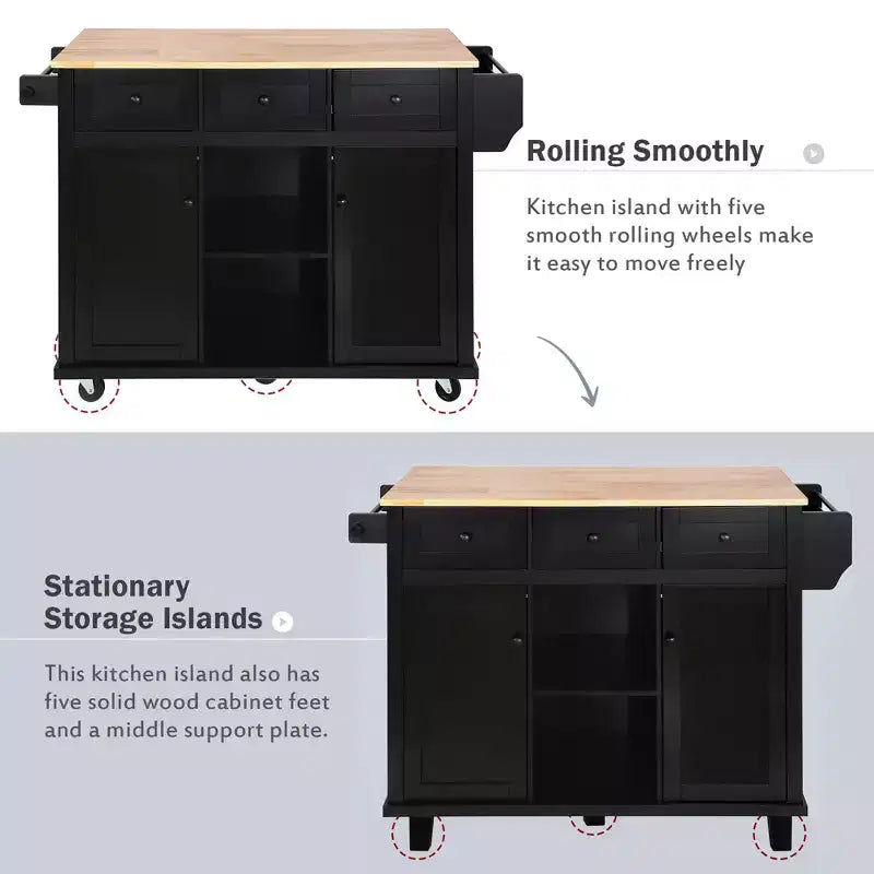 Îlot de cuisine avec armoire de rangement et 3 tiroirs Desserte de cuisine avec plan de travail rabattable en bois d'hévéa Étagères de rangement pour salle à manger Noir