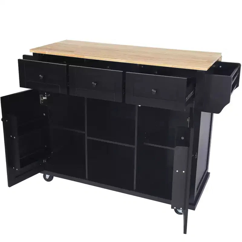 Îlot de cuisine avec armoire de rangement et 3 tiroirs Desserte de cuisine avec plan de travail rabattable en bois d'hévéa Étagères de rangement pour salle à manger Noir