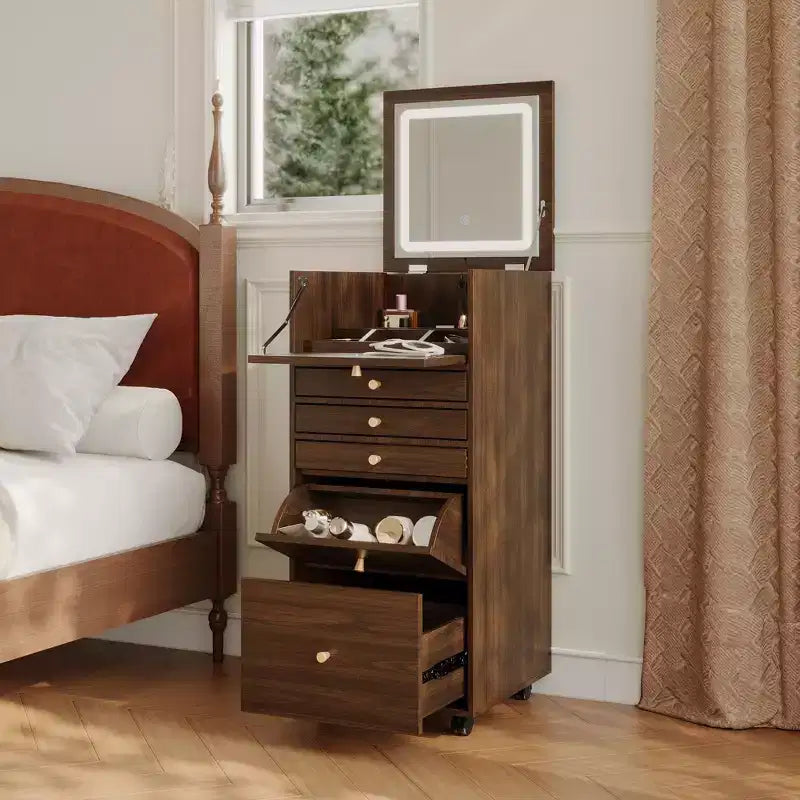 Famapy Walnut Rolling Vanity Dresser  LED Mirror + Multi-Layer Storage + Foldable Worktop