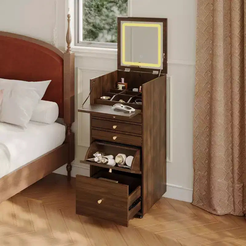 Coiffeuse roulante en noyer avec miroir LED + rangement multicouche + plan de travail pliable