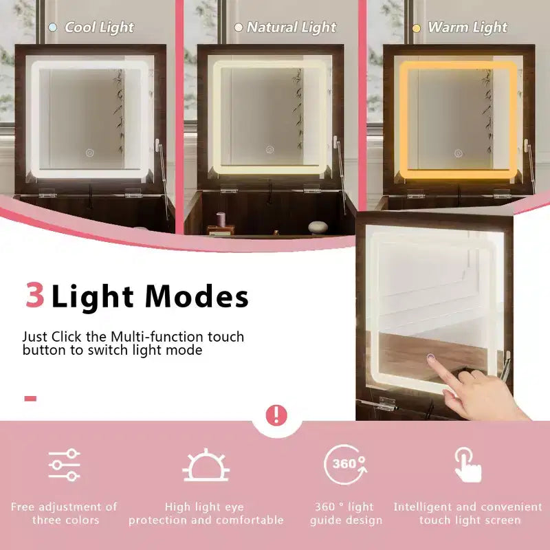 Coiffeuse roulante en noyer avec miroir LED + rangement multicouche + plan de travail pliable