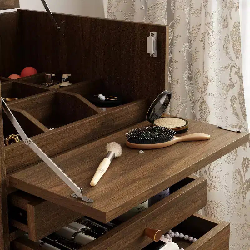 Coiffeuse roulante en noyer avec miroir LED + rangement multicouche + plan de travail pliable