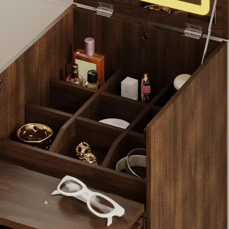 Coiffeuse roulante en noyer avec miroir LED + rangement multicouche + plan de travail pliable
