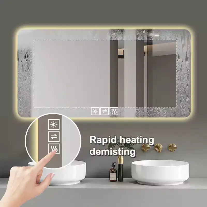 Miroir de courtoisie de salle de bain LED 48 x 24 pouces avec éclairage d'appoint tricolore à intensité variable et fonction de désembuage à une touche