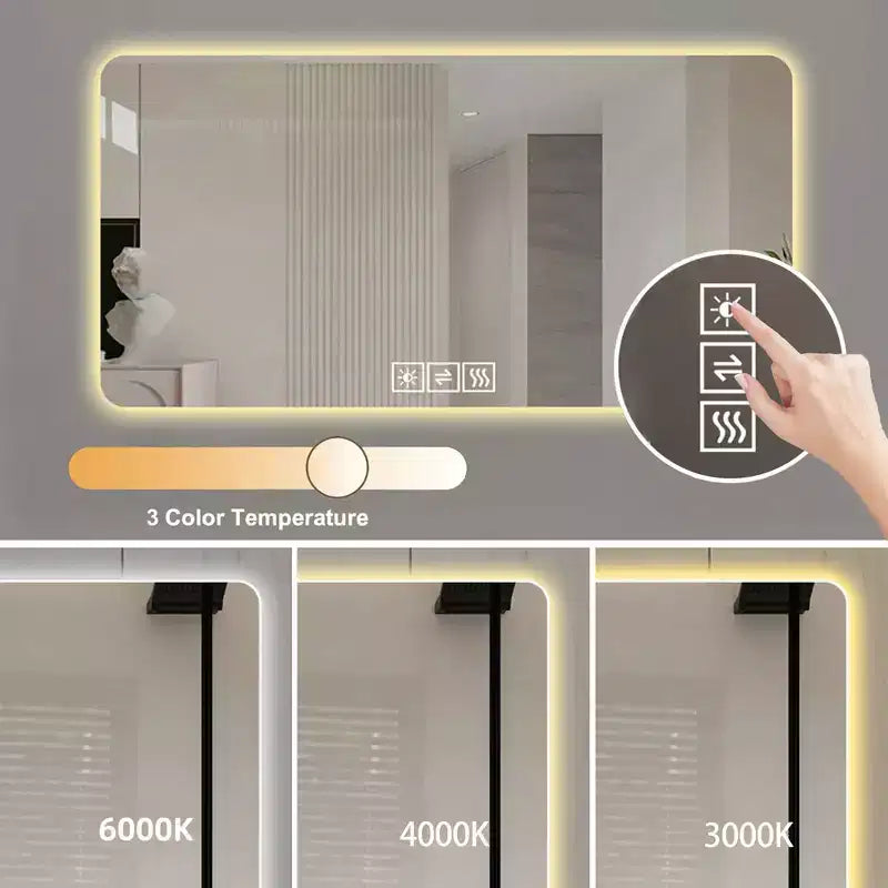 Miroir de courtoisie de salle de bain LED 48 x 24 pouces avec éclairage d'appoint tricolore à intensité variable et fonction de désembuage à une touche