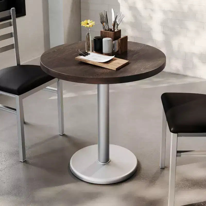Plateau de table rond commercial en bois massif avec pied de table de salle à manger rond en fonte résistant à la rouille de 18 po