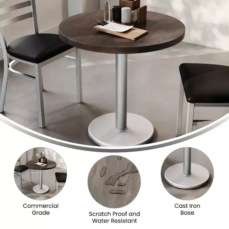 Plateau de table rond commercial en bois massif avec pied de table de salle à manger rond en fonte résistant à la rouille de 18 po