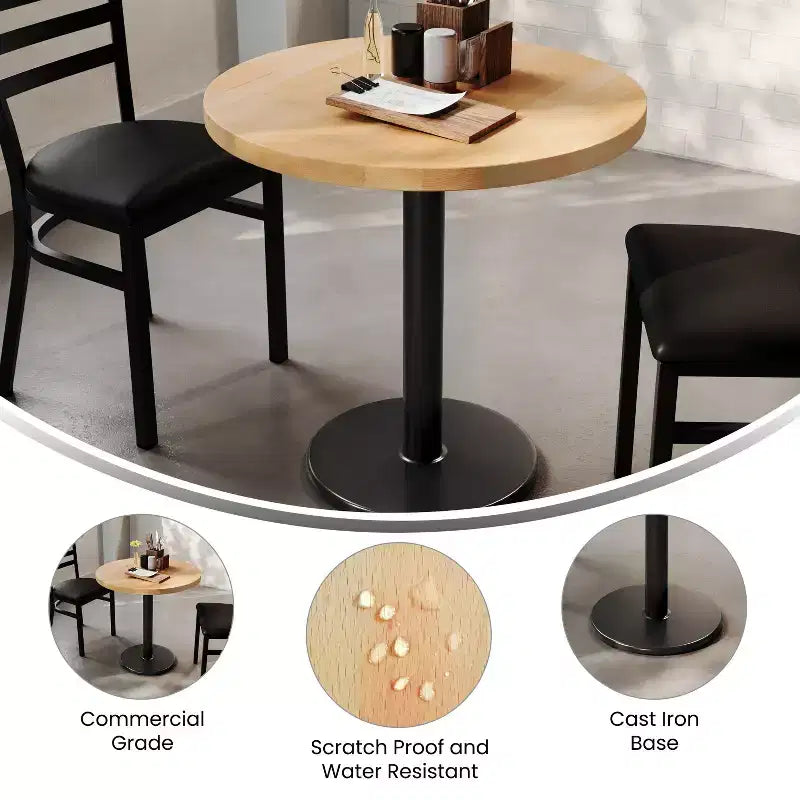 Plateau de table rond commercial en bois massif avec pied de table de salle à manger rond en fonte résistant à la rouille de 18 po